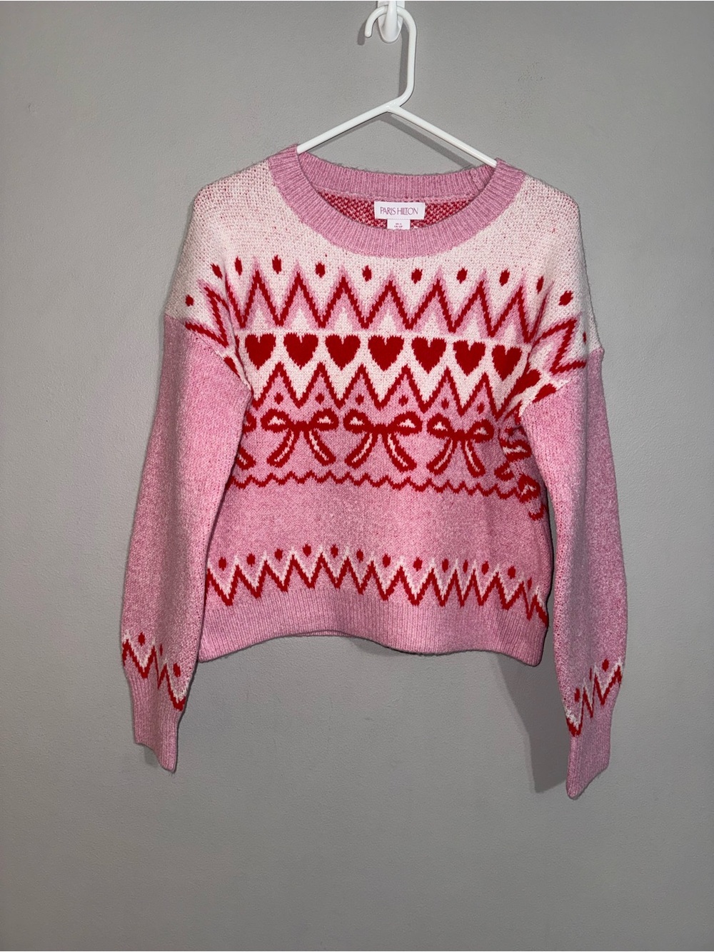 Paris Hilton Pink & Red Heart Pattern Sweater Small